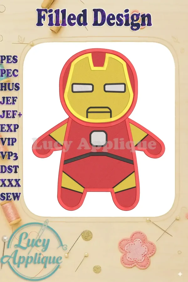 Iron Man baby superhero filled embroidery design. A cute, simplistic design featuring Iron Man's iconic red and gold suit. Perfect for baby clothes.