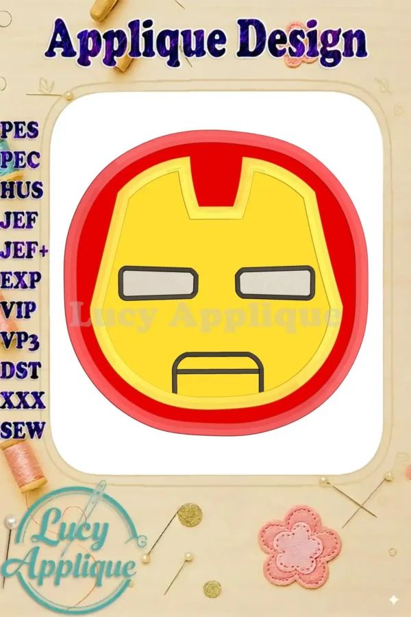 Iron Man baby head applique design in red and yellow, shown as a digital embroidery pattern. Includes various file formats for different embroidery machines.