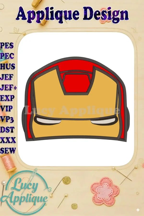 Iron Man Head Applique Embroidery Design. A detailed close-up showcases the design's intricate details and vibrant color scheme, suitable for various craft projects.