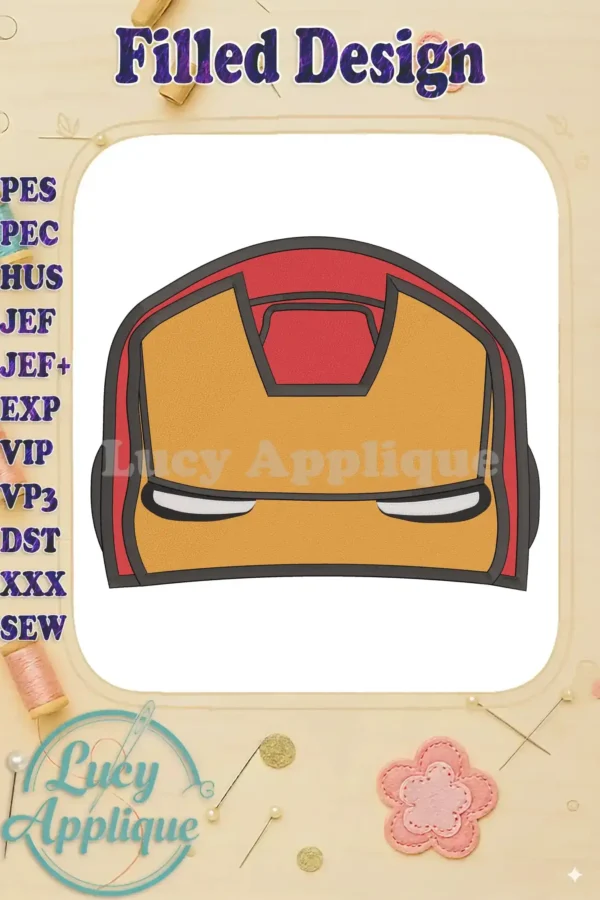 Iron Man head fill machine embroidery design. A filled stitch design showing Iron Man's iconic mask. Downloadable in various formats.