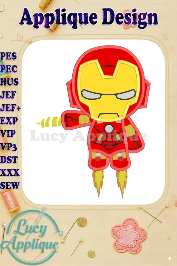 Iron Man applique embroidery design, showcasing a chibi-style Iron Man in red and gold, ready to be stitched. Includes various file formats.