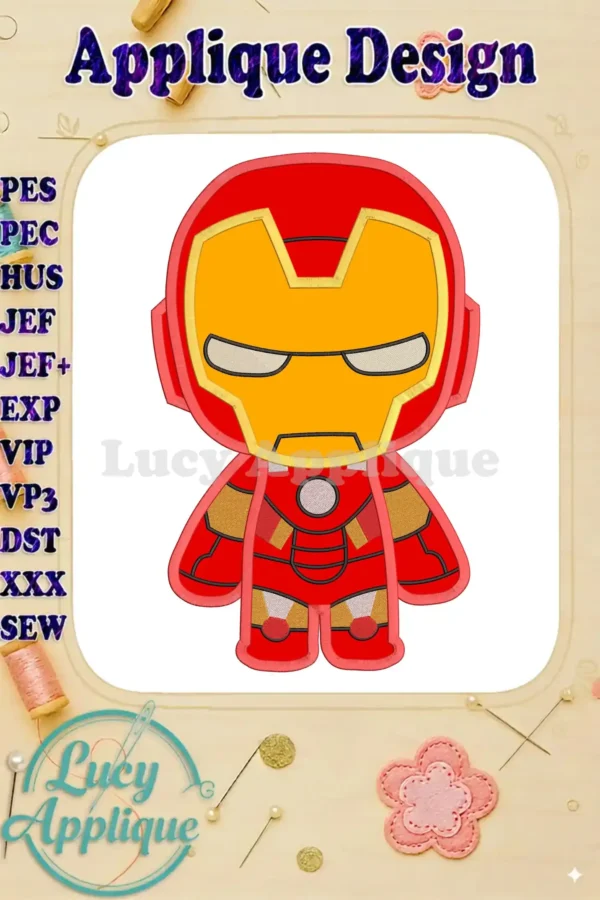 Iron Man applique embroidery design showcasing a chibi-style Iron Man. The design is shown on a white background with various file type indicators.