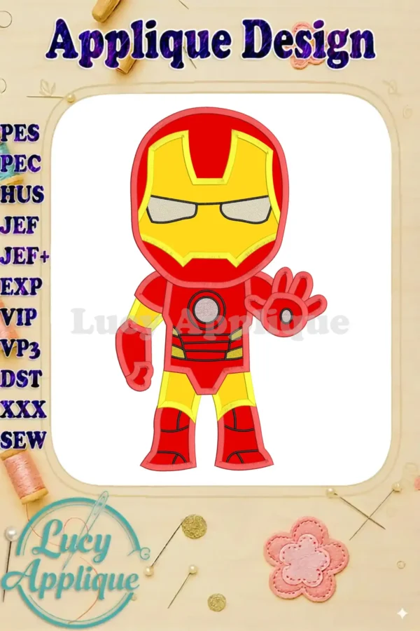 Iron Man superhero applique design in cartoon style, ready to be stitched. The design shows Iron Man with his iconic red and gold armor, waving.