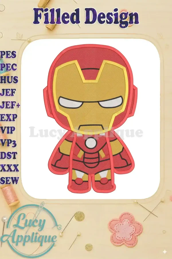 Iron Man superhero filled embroidery design showcasing a cute chibi-style Iron Man in red and gold, ready to be stitched.