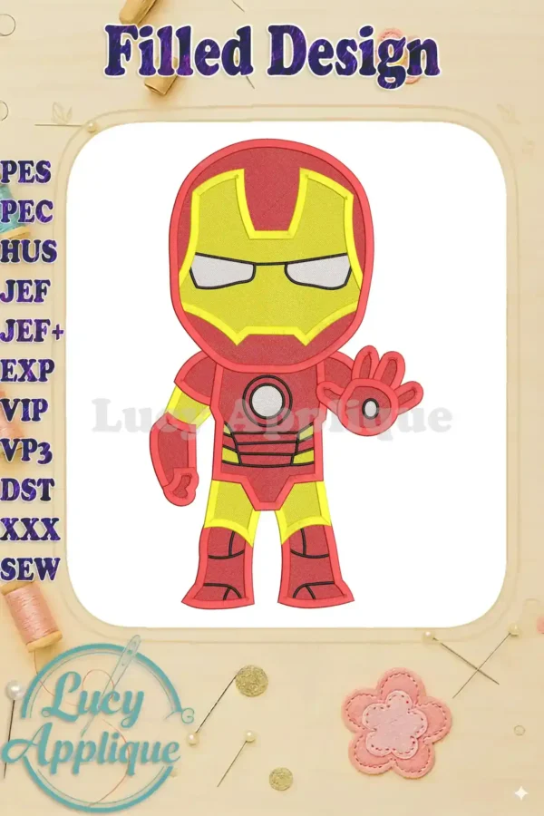 Iron Man superhero filled embroidery design. Cute cartoon style, red and yellow color scheme. Perfect for apparel or home decor.