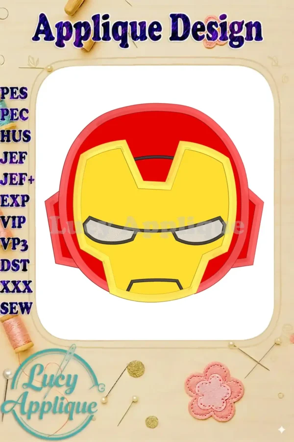 Iron Man applique embroidery design, showcasing a detailed head applique in red and gold, perfect for adding a superhero touch to any project.