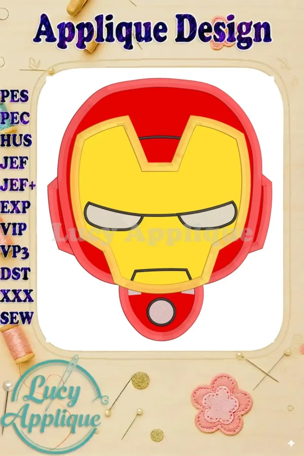 Iron Man applique design showcasing a detailed head, featuring red and gold segmented armor. This is a digital embroidery design file.