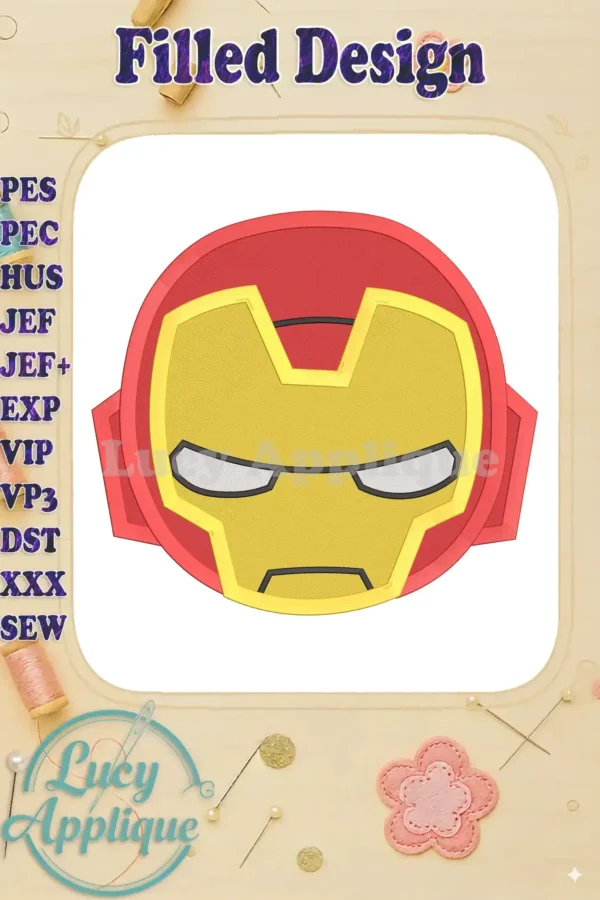 Iron Man's iconic head, in a filled red and yellow embroidery design. Suitable for various projects, this design is a must-have for Marvel fans.