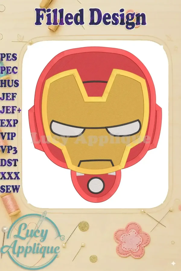 Iron Man's head, a filled embroidery design in red and gold, ready to be stitched. This detailed image showcases the design's quality and precision.