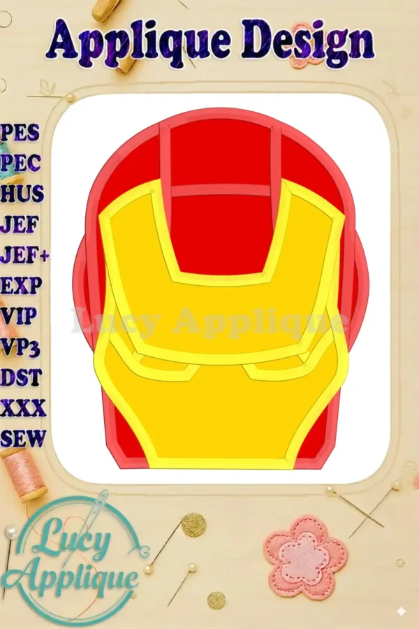 Iron Man applique embroidery design showcasing a detailed red and gold mask, ready to be stitched. Includes various file formats for different embroidery machines.