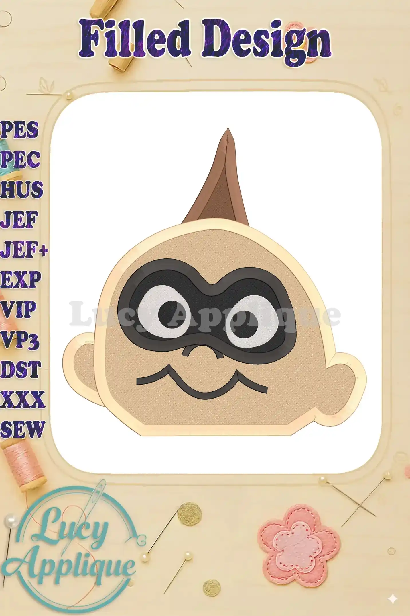 Embroidery design of Jack Jack's head from the Incredibles, showcasing a filled stitch style. Perfect for adding a cute touch to baby clothes or gifts.