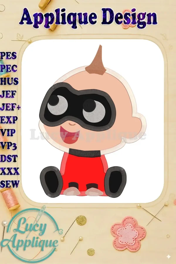 Embroidery design of Jack Jack Parr from The Incredibles, sitting, wearing his signature red suit. Applique style, detailed features.