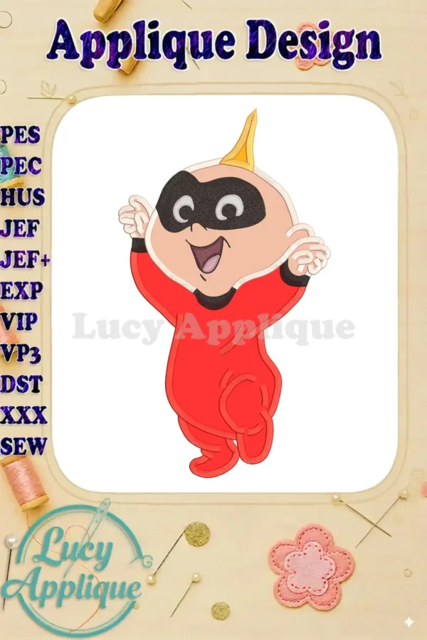 Adorable Jack-Jack Parr from The Incredibles as an applique embroidery design. The image showcases the completed design, ready to be stitched onto a garment or project.