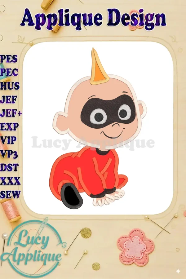 Embroidery design of Jack Jack Parr from The Incredibles, shown as an applique. The design includes a color chart and is available in various formats.