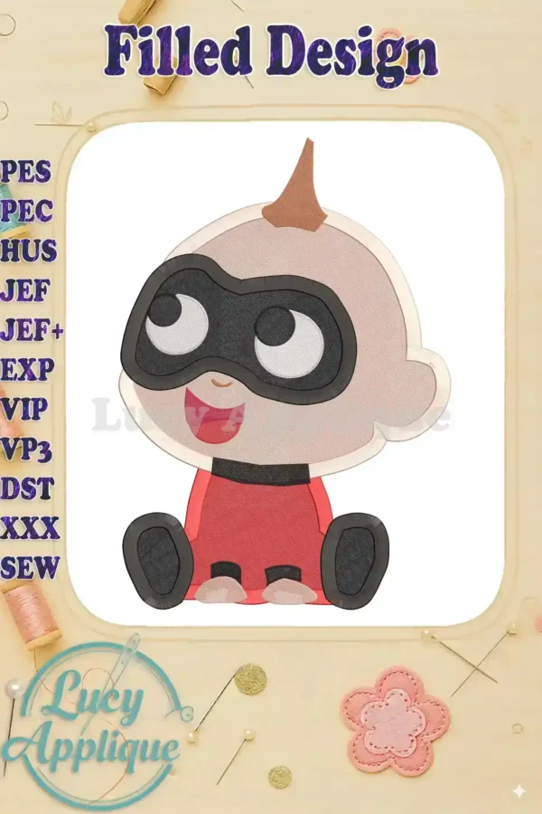 Embroidery design of Jack-Jack Parr from The Incredibles, sitting and smiling. It's a filled design with defined features and a cute expression. Perfect for applique projects.