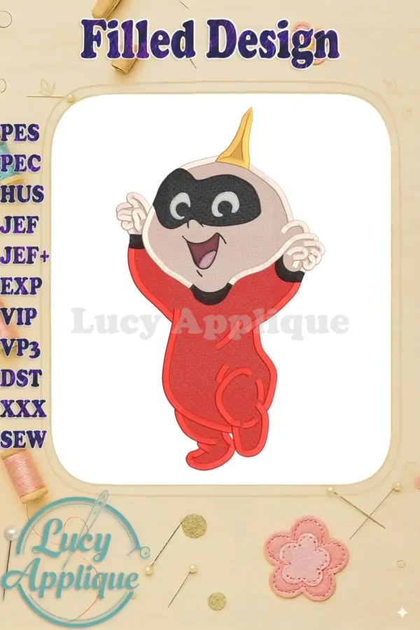 Embroidery design of Jack-Jack Parr from The Incredibles, showcasing a filled stitch style. The design is presented on a light wood background with decorative elements.