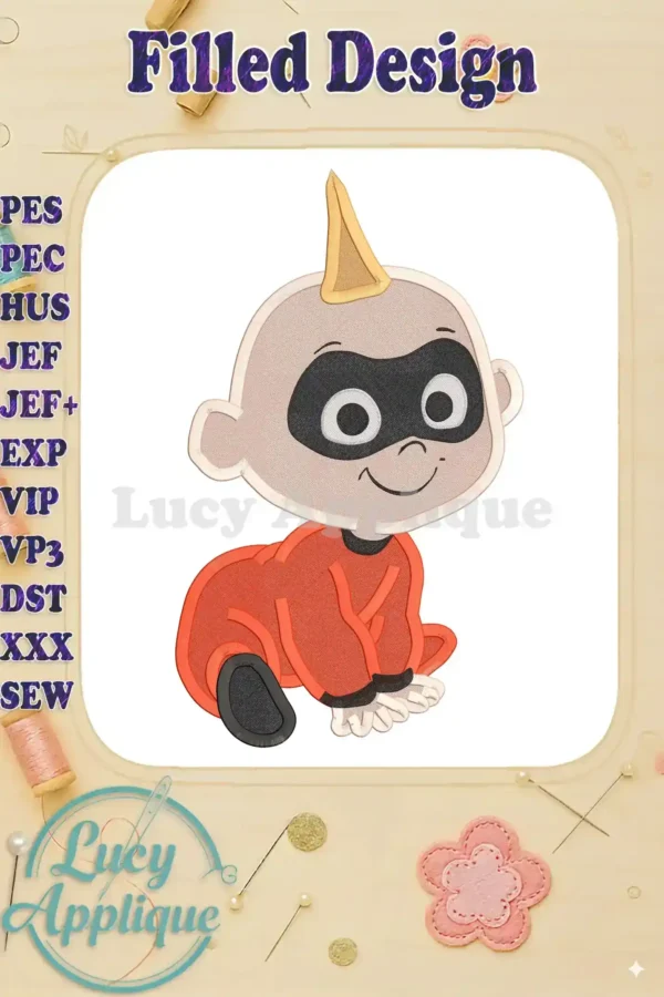Embroidery design of Jack-Jack Parr from The Incredibles, crawling in his signature orange outfit. A filled design, ready to stitch!
