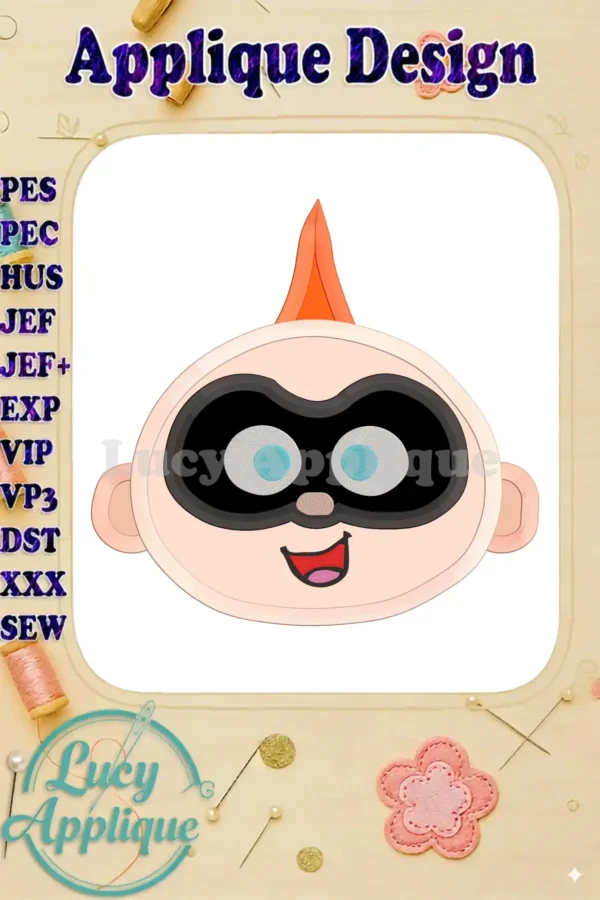 Embroidery design of Jack Jack Parr from The Incredibles, shown as an applique. The design includes a color chart and various file formats.