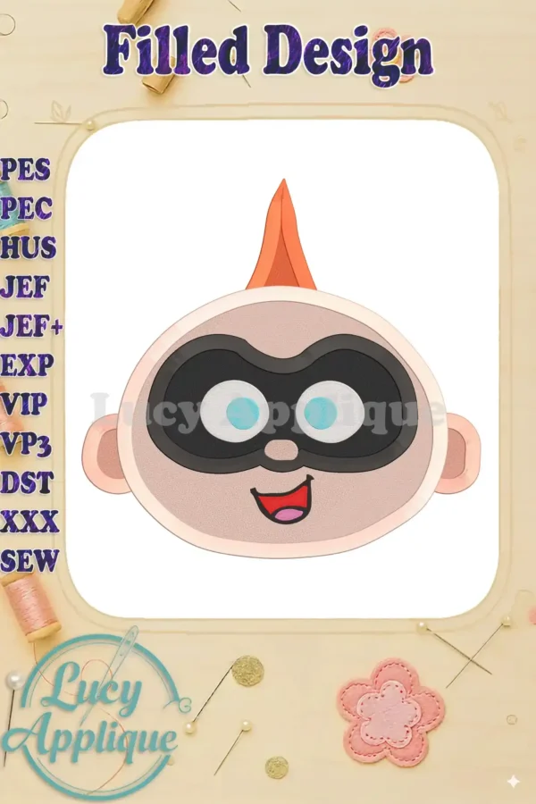 Embroidery design of Jack-Jack Parr from The Incredibles. A filled design showcasing his iconic features, with peach skin, black mask, and orange hair. Perfect for adding a fun, cartoonish touch to your projects.