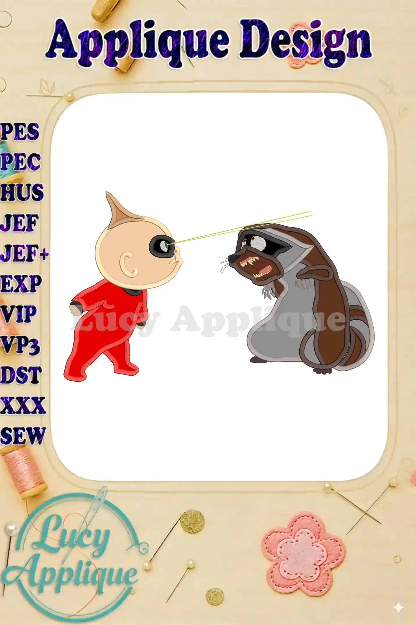 Embroidery design featuring Jack-Jack from The Incredibles facing off against a raccoon. Applique style, suitable for various sewing machines.