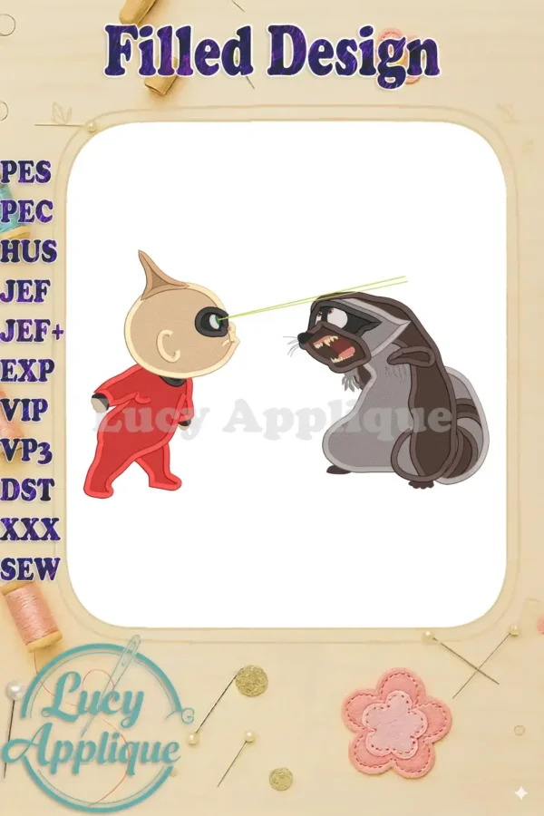 Embroidery design showcasing Jack-Jack from The Incredibles facing off against a raccoon. A filled design, perfect for adding a playful touch to your projects. High-quality stitching and vibrant colors.