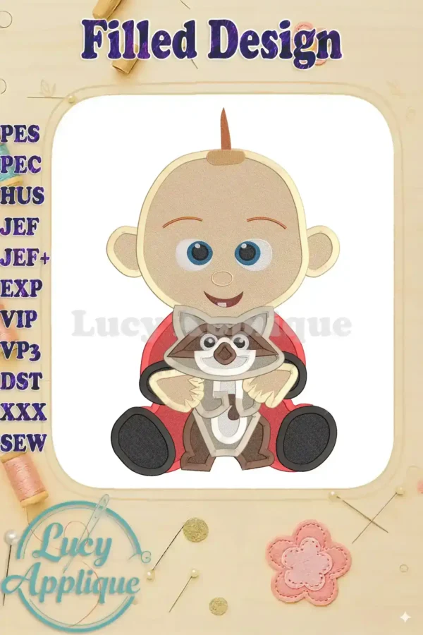 Embroidery design of Jack Jack from The Incredibles holding a raccoon. The design is filled and suitable for machine embroidery. It's shown on a beige background with decorative borders.