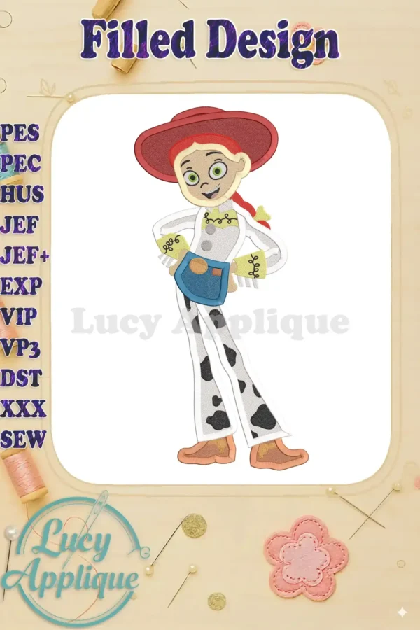 Jessie from Toy Story, depicted in a filled machine embroidery design, showcases her signature cowgirl outfit with vibrant colors and intricate details.