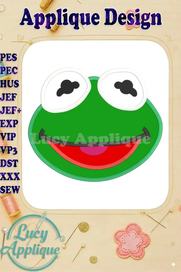 Kermit the Frog's head as an applique embroidery design. The design is bright green with simple, iconic features and is shown on a white background with a decorative border.
