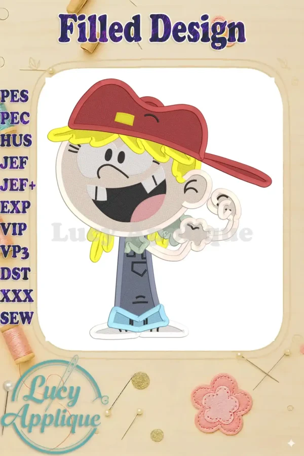 Embroidery design of Lana Loud from The Loud House, showcasing a filled design style with vibrant colors and detailed features. Perfect for adding a fun, cartoonish touch to your projects.