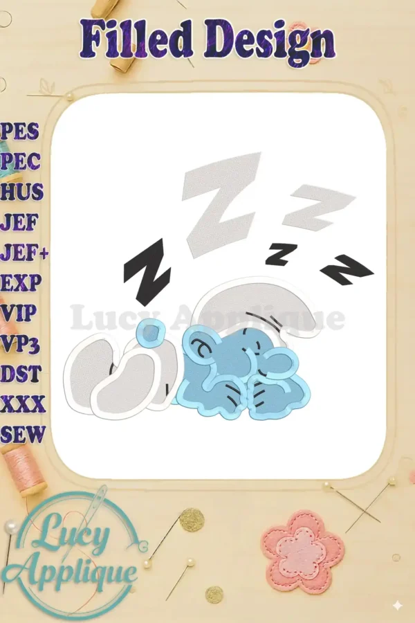 Embroidery design of a sleeping Smurf, Lazy Smurf, with Z's above him, in light blue and gray, on a white background. Filled design with various stitch types.