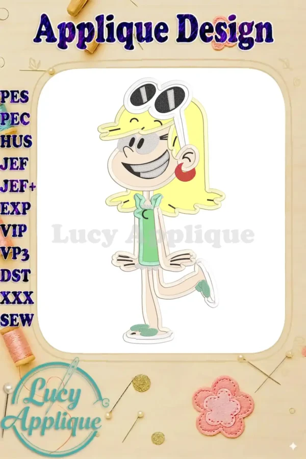 Leni Loud from The Loud House, depicted in an applique design, ready to be stitched. The image showcases the design's outline and color placement.