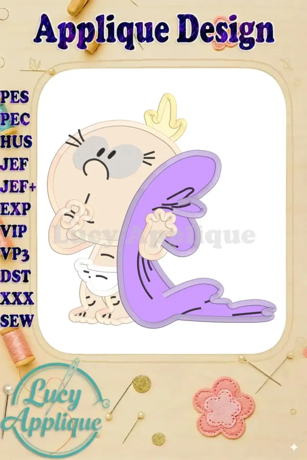 Adorable Lily Loud from The Loud House as an applique design. Perfect for embroidery projects, this design features detailed stitching and vibrant colors.