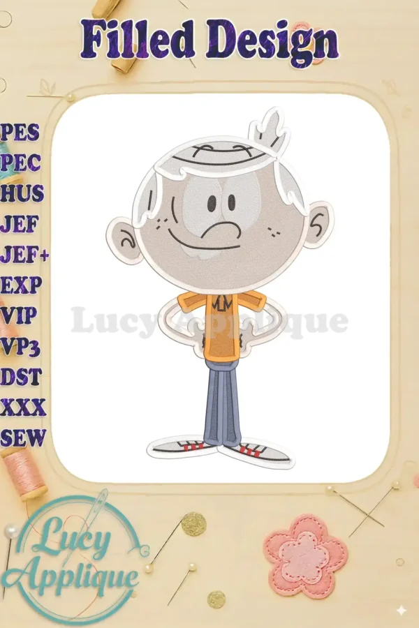 Embroidery design of Lincoln Loud from The Loud House, showcasing detailed features and filled stitches. Perfect for adding a fun, cartoonish touch to any project.
