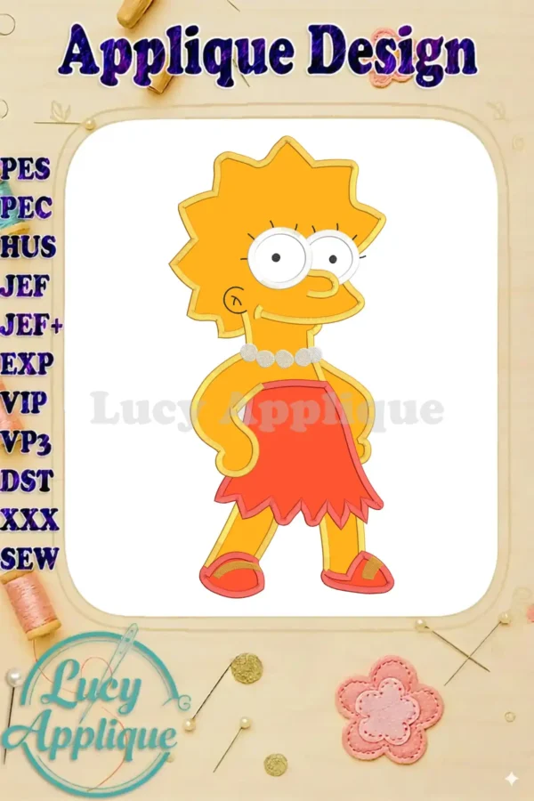 Main image showcasing a vibrant Lisa Simpson applique embroidery design, ready to stitch. The design is cheerful and features detailed stitching and a fun color scheme.