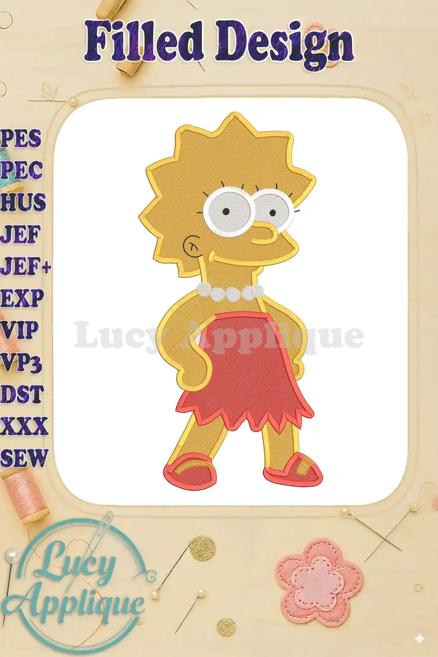 Embroidery design of Lisa Simpson from The Simpsons, in a red dress, standing with her hands on her hips. The design is in a filled stitch style.