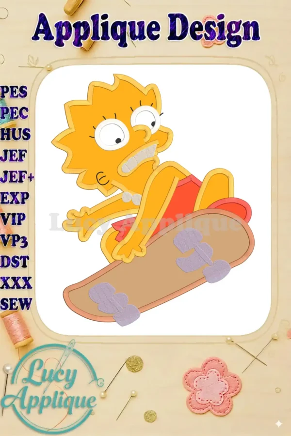 A vibrant applique design of Lisa Simpson skateboarding, ready to be stitched. Various machine formats are listed for compatibility.