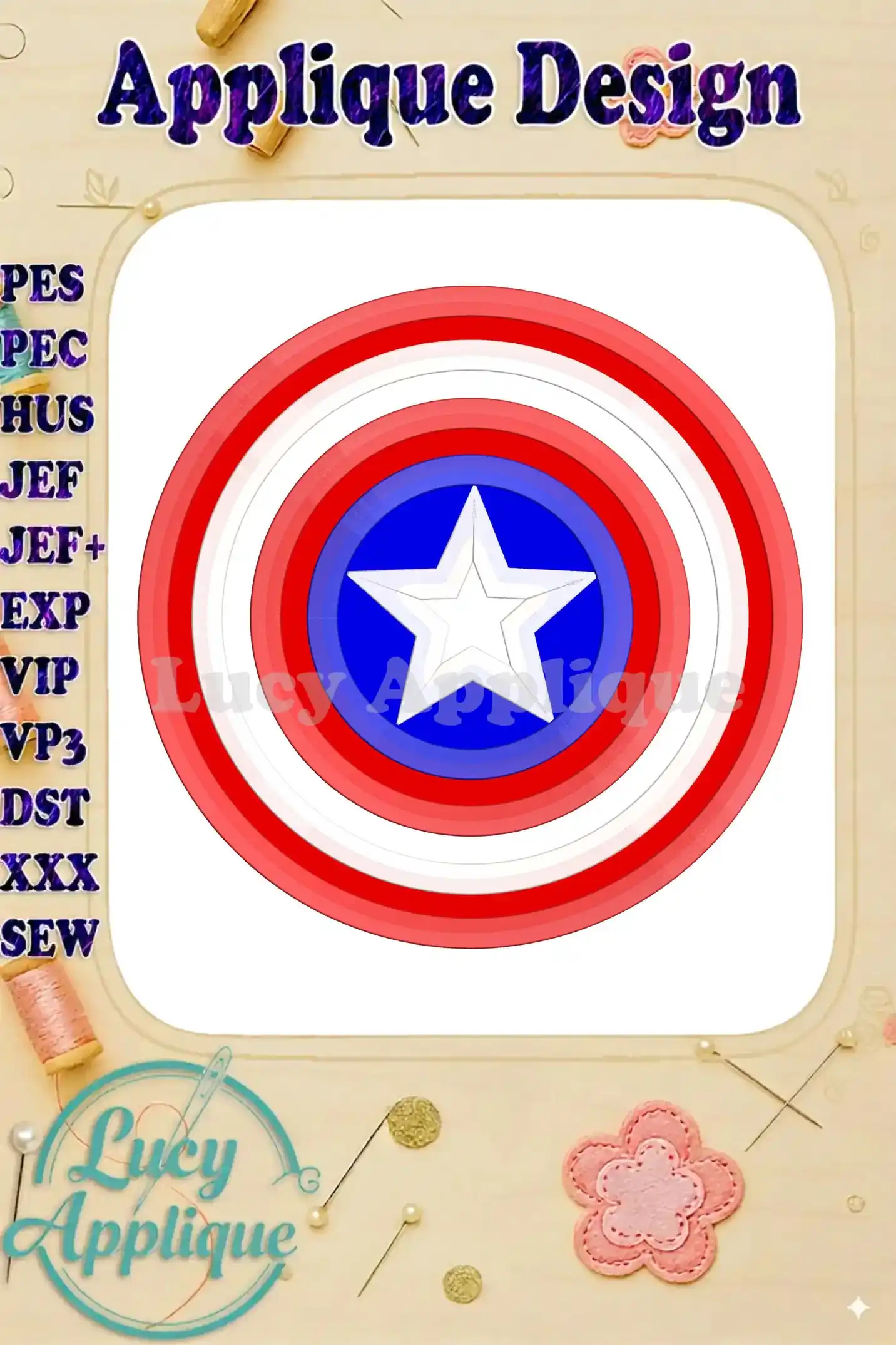 Applique design of Captain America's shield. The image showcases the layered design in red, white, and blue, suitable for embroidery projects.