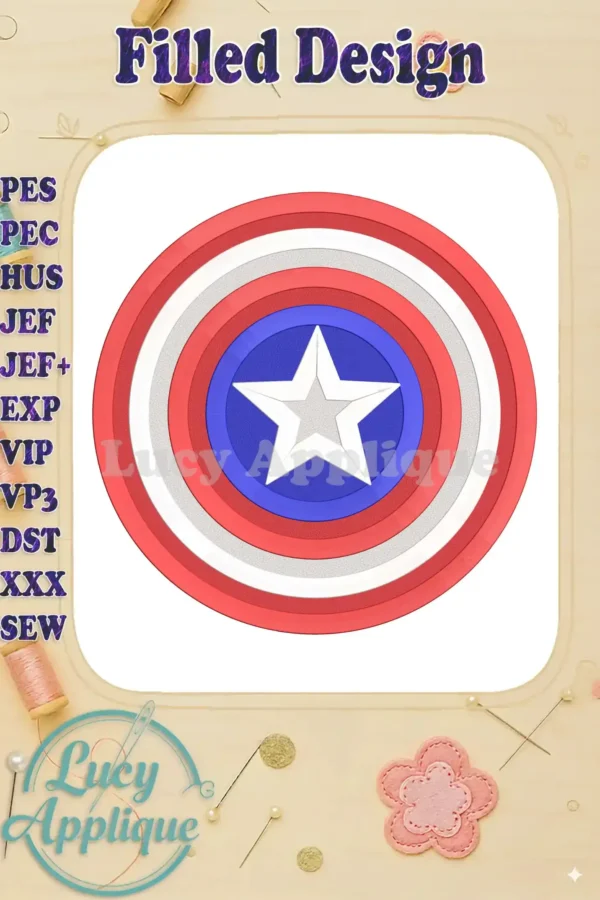 Captain America's shield, a filled machine embroidery design, shown in red, white, and blue. The design is circular with a central star. Perfect for apparel or home decor.