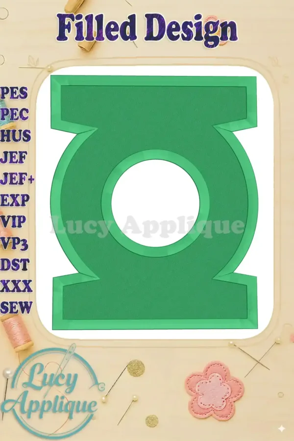Detailed close-up of a vibrant green filled Green Lantern logo embroidery design, ready to be stitched. The design is showcased on a beige background with decorative elements.