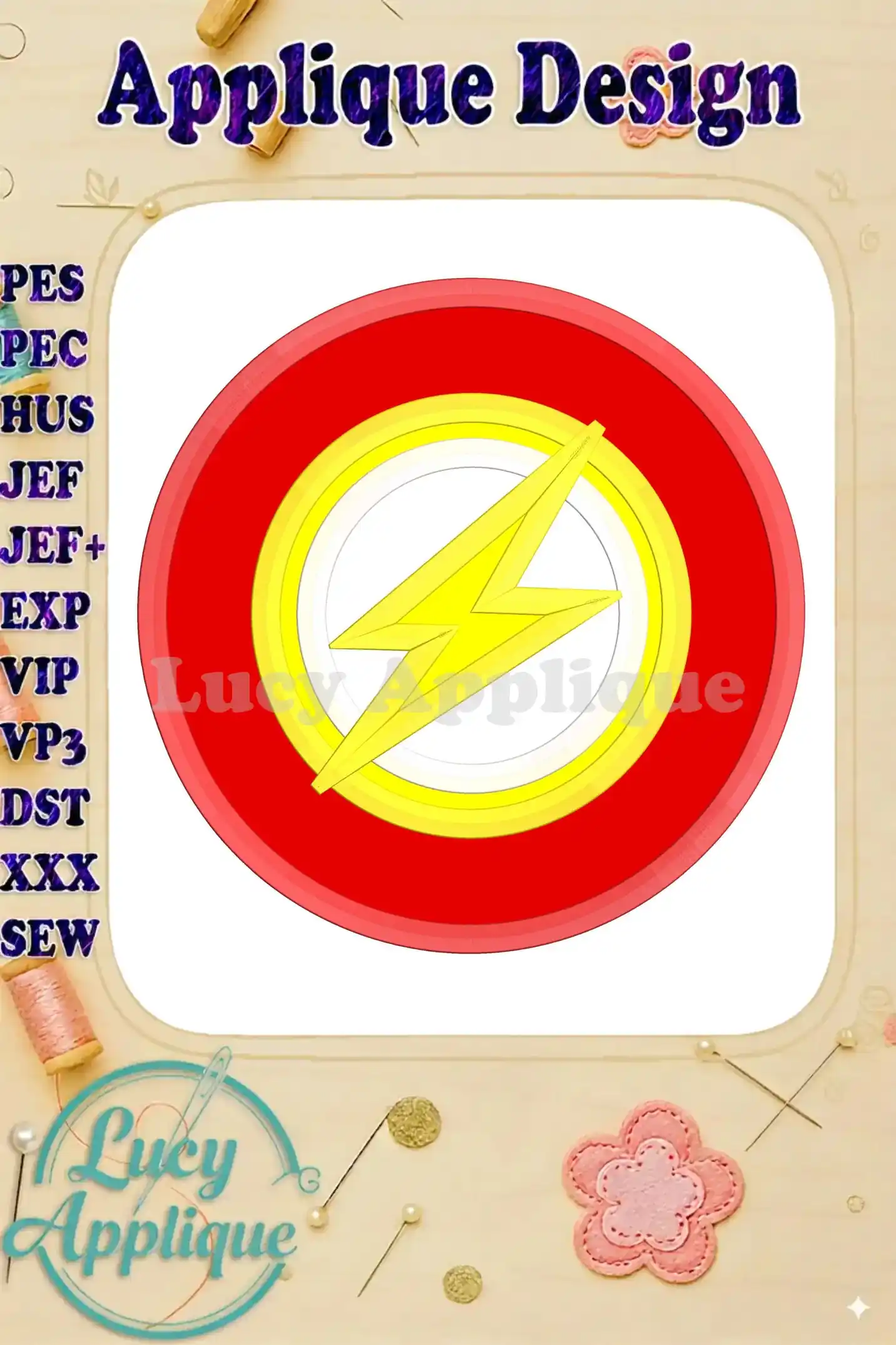 A detailed close-up of The Flash logo applique embroidery design. The design showcases red, yellow, and white, with a circular outline. Perfect for adding a superhero touch to your projects.