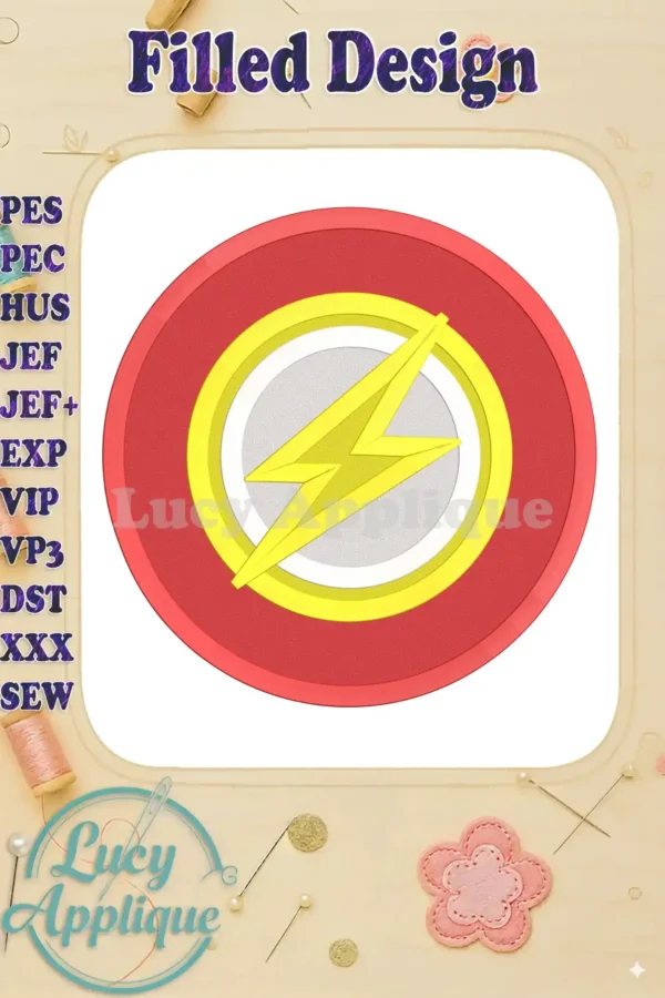 The Flash logo in a filled embroidery design. A red circle with a yellow lightning bolt, perfect for patches and apparel. High-quality digital design.