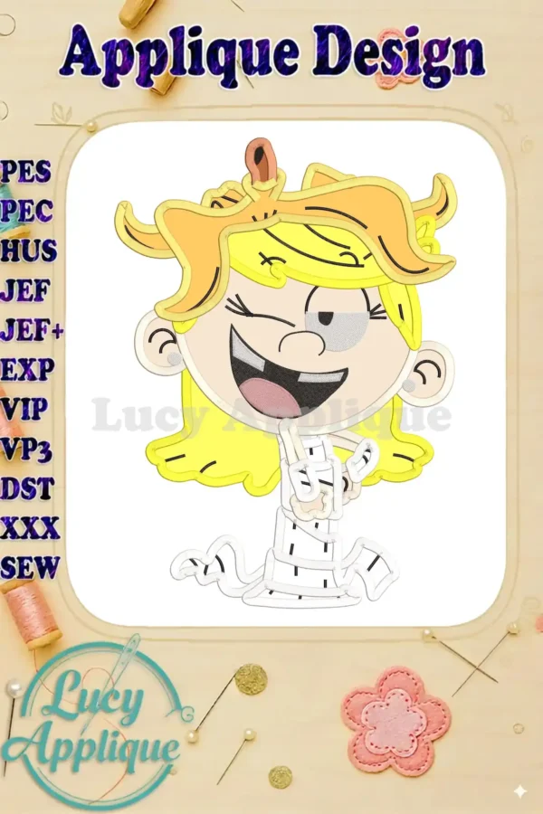 Main image of Lola Loud from The Loud House as an applique design, showcasing the character's playful expression and detailed features, ready for embroidery.