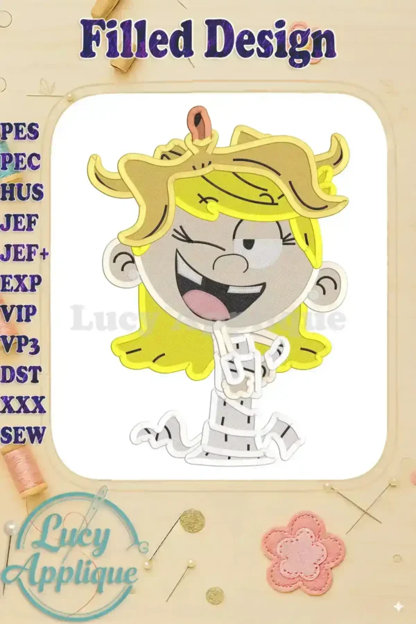 Embroidery design of Lola Loud from The Loud House, showcasing a filled stitch style, with bright yellow hair and a playful expression. Perfect for adding a cute cartoon touch to your projects!