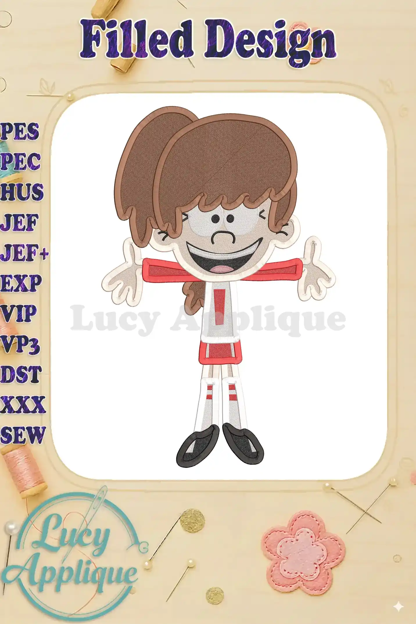 Embroidery design of Lynn Loud from The Loud House, showcasing a filled design style. The character is depicted in her signature outfit, ready for stitching.