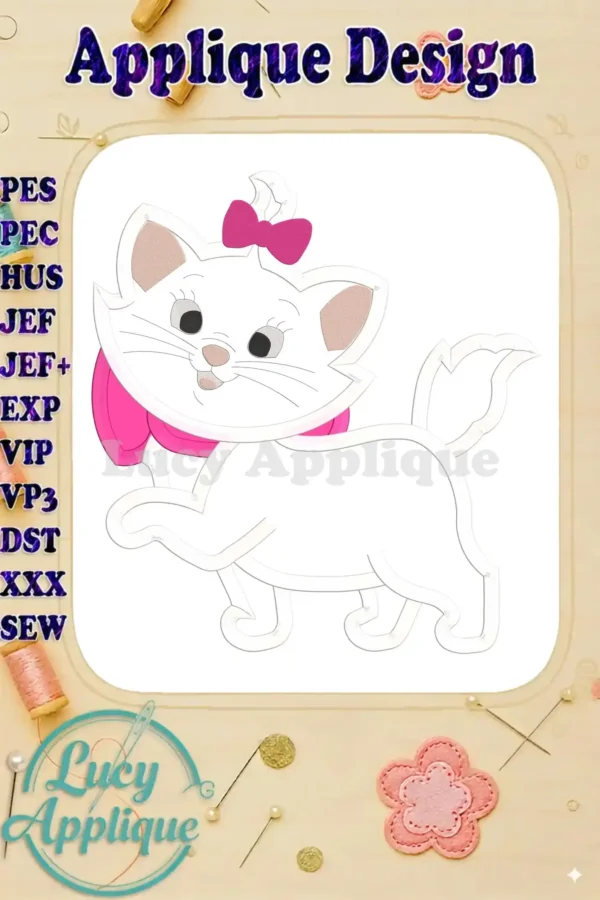 Marie, the Aristocats cat, in an applique embroidery design. Shown in white with pink accents and a pink bow. Perfect for sewing projects.