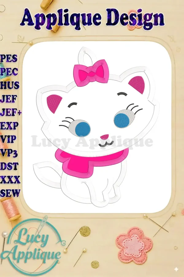 Adorable applique design of Marie from The Aristocats, shown in white with pink accents. Includes various file formats for different embroidery machines. Perfect for beginner and experienced embroiderers.
