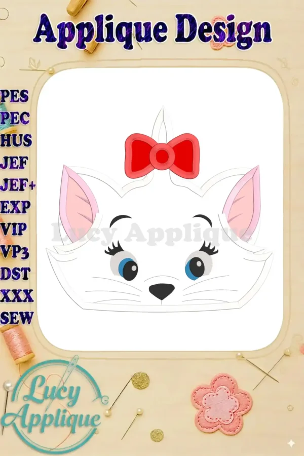 Marie, the adorable kitten from Disney's The Aristocats, featured in an applique embroidery design. The design shows Marie's face with a red bow.
