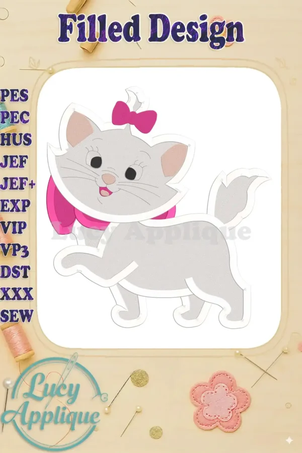 A charming filled embroidery design of Marie, the kitten from Disney's The Aristocats, wearing a pink bow. The design is shown on a light background.