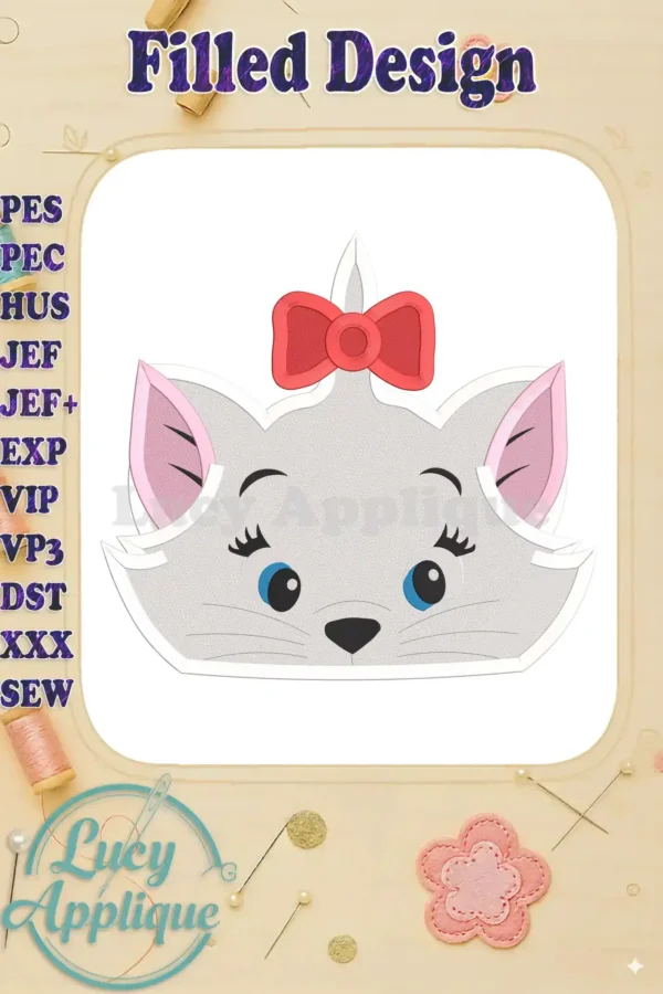 Embroidery design of Marie, the cat from Disney's The Aristocats, featuring a filled stitch style and a cute, expressive face with a red bow.
