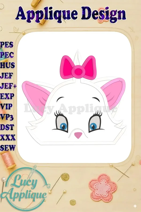 Marie the Aristocat's head applique embroidery design. This design showcases a charming depiction of Marie, featuring pink ears, bright blue eyes, and a pink bow.